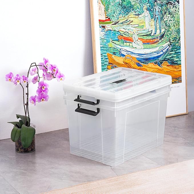 Cetomo Lidded Storage Bin with Handle, Tote Organizing Container with Wheels, Lid and Secure Latching Buckles, Stackable and Nestable, Plastic, 95 Quart-4 Pack, Clear