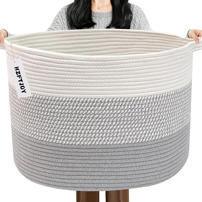 115L Extra Large Blanket Basket,Woven Rope Laundry Basket Hamper with Handles, Decorative Nursery Basket Storage Bin for Toys, Clothes Organizer, Living Room, Bedroom, Bathroom, Grey