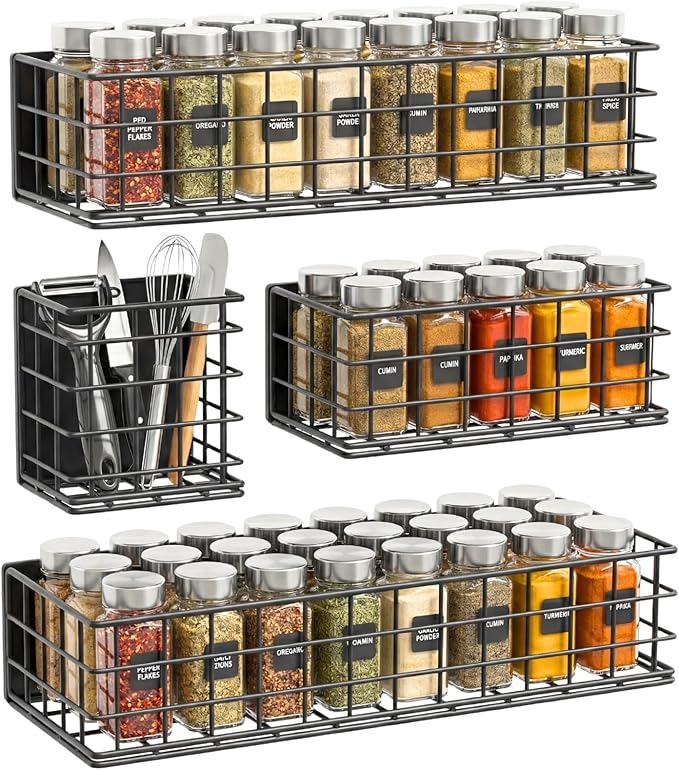 Ofiray-home Magnetic Fridge Shelf, 4-Pack Metal Strong Magnet Rack, Space Saving Spice Organizer, Utensil Holder, Fruit Potato Onion Storage Bins, Black Refrigerator Organizers and Storage