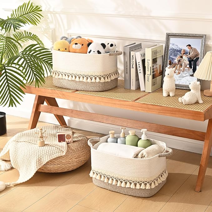 2 Pack Storage Basket for Shelves, Boho Cotton Rope Storage Bins with Heavy Tassel, Shelf Baskets Large Woven Baskets for Organizing, Cube Organizer Bins, Baby Laundry Basket for Clothes, Toys, Pets