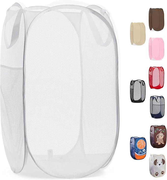 Pop Up Hamper, Collapsible Mesh Laundry Basket - Handy Laundry 71L Foldable Clothes Hamper with Reinforced Handles, Wide Opening and Side Pocket for Dorm, Travel, Cruise, Bedroom (White)
