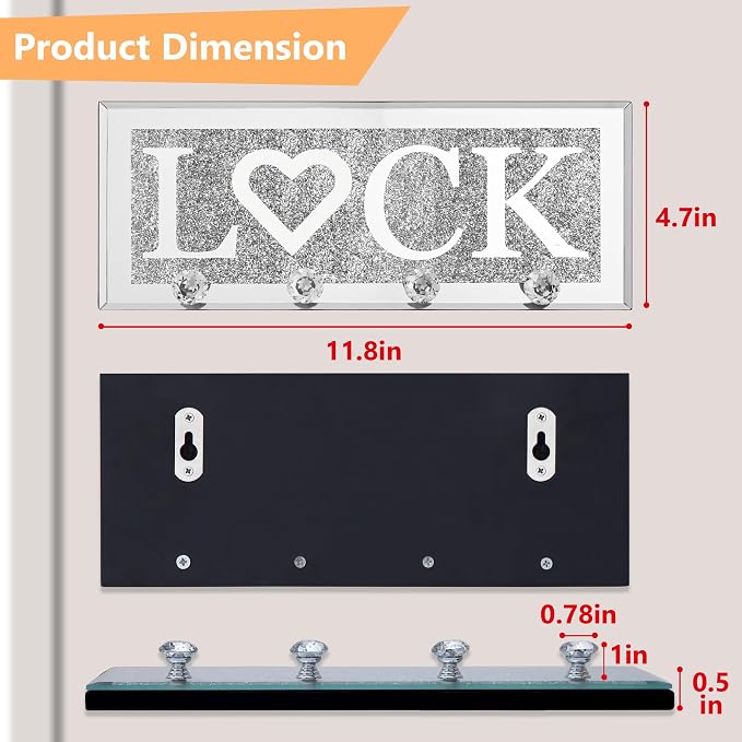 SHYFOY Crystal Clear Hooks Key Holder Key Hanger, Sparkly Mirrored Home Letters Plaque Sign for Decor, Silver Mirror Decoration Wall Art for Entryway Hallway Living Room, Lock Letter