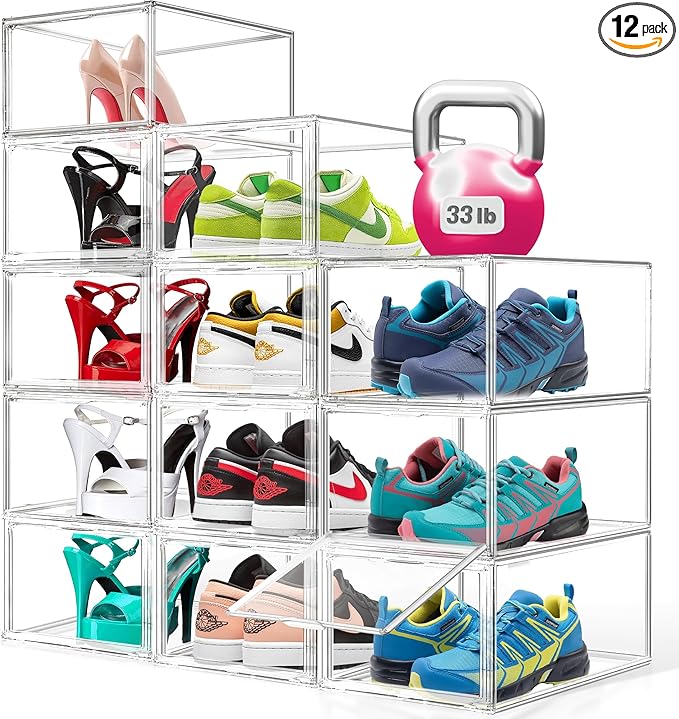 12 Pack Drop Front Shoe Boxes Acrylic Shoe Display Case Fit US Size 13, Clear Stackable Hat Sneaker Shoe Organizer for Closet, Entryway, Underbed, Multiple Display Cases for Hats, Figures, Sneakers