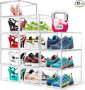 12 Pack Drop Front Acrylic Shoe Boxes with Magnetic Door Fit US Size 12, Clear Stackable Shoe Organizer for Closet, Entryway, Underbed, Multiple Display Cases for Hats, Figures, Sneakers