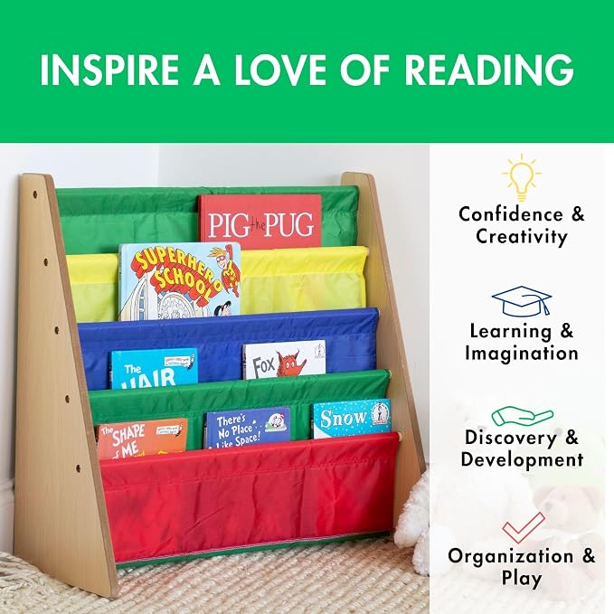Humble Crew Kids Bookshelf, 4-Tier Front-Facing Book Display Organizer, Montessori Toddler Bookcase for Playroom, Bedroom & Reading Corner, Natural Wood/Primary