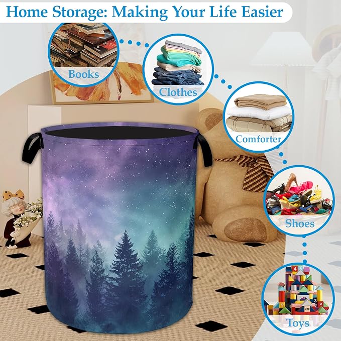 Starry Sky Forest Large Storage Basket Collapsible Laundry Basket Oxford Storage Bin for Gift Baskets Bedroom Clothes Hamper 16" X 20.8"