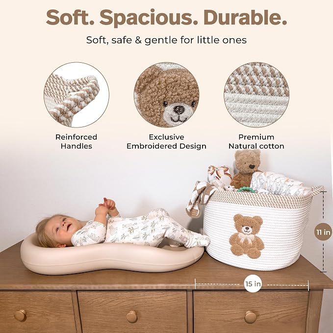 Teddy Bear Storage Basket for Nursery – Large 15"x11" Cotton Rope Bin with Soft Embroidered Bear Patch – Gender Neutral Toy Organizer, Baby Laundry Hamper, Blanket & Diaper Holder