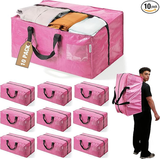 WORKPRO 10 Pack Extra Large Moving Bags with Zippers & Carrying Handles Backpack Straps, Heavy-Duty Storage Tote for Space Saving Moving Storage (Pink)