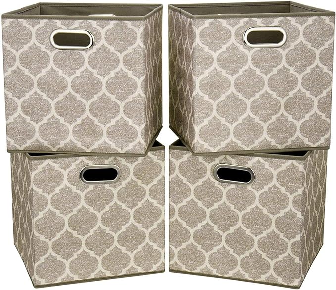 Cloth Storage Bins Set of 4 Thick Fabric Drawers Foldable Cubes Basket Organizer Container with Dual Metal Handles for Shelf Cabinet Bookcase Boxes Grey-Brown 13x13x13 inch