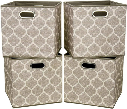 Cloth Storage Bins Set of 4 Thick Fabric Drawers Foldable Cubes Basket Organizer Container with Dual Metal Handles for Shelf Cabinet Bookcase Boxes Grey-Brown 13x13x13 inch