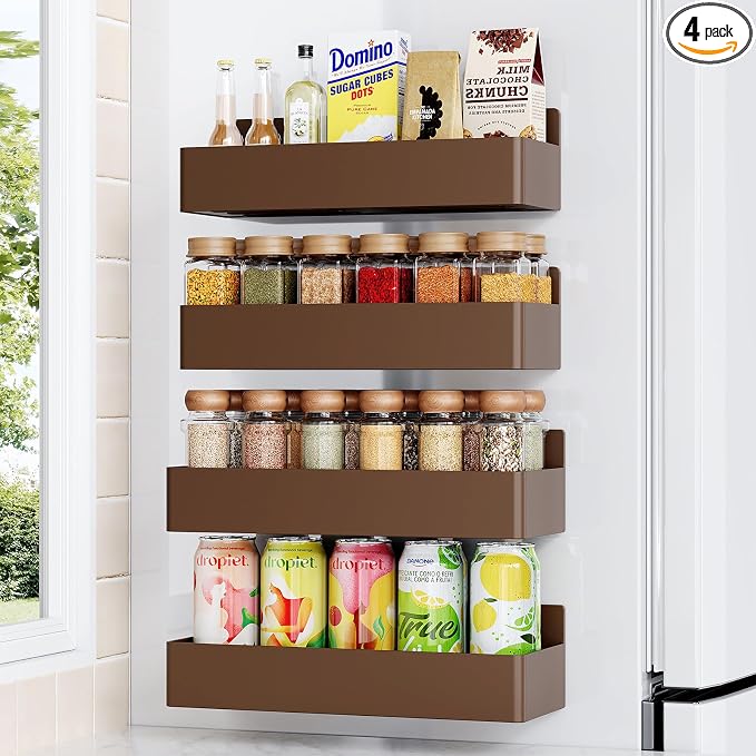 Mystozer Magnetic Spice Rack for Refrigerator, Kitchen Organizer and Storage Shelf, Brown(4 Pack)…