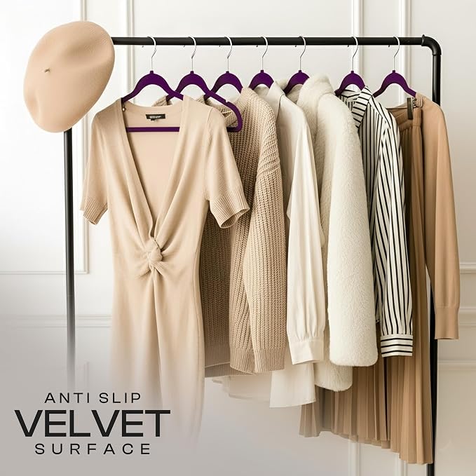 Utopia Home Velvet Hangers, Purple, 20 Pack | Luxury Non-Slip Slim Pant & Coat Hangers, Strong Space-Saving Clothes Hangers with Pants Bar and 360° Swivel Hook
