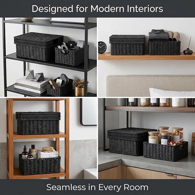 Wicker Storage Basket with Lid - Woven Basket for Storage,Rectangular Decorative Boxes Bins with Lids for Shelves,living room, Nursery, 3 baskets+1 lids(Black)