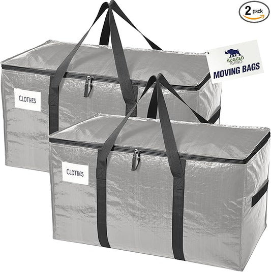 RUGGED RHINO Heavy Duty Extra Large Moving Bags, Durable Bag with Strong Handles and Zipper, Moving Boxes Alternative for College Packing, Holiday Décor, Space Saving Storage with Label, 2 Pack Silver
