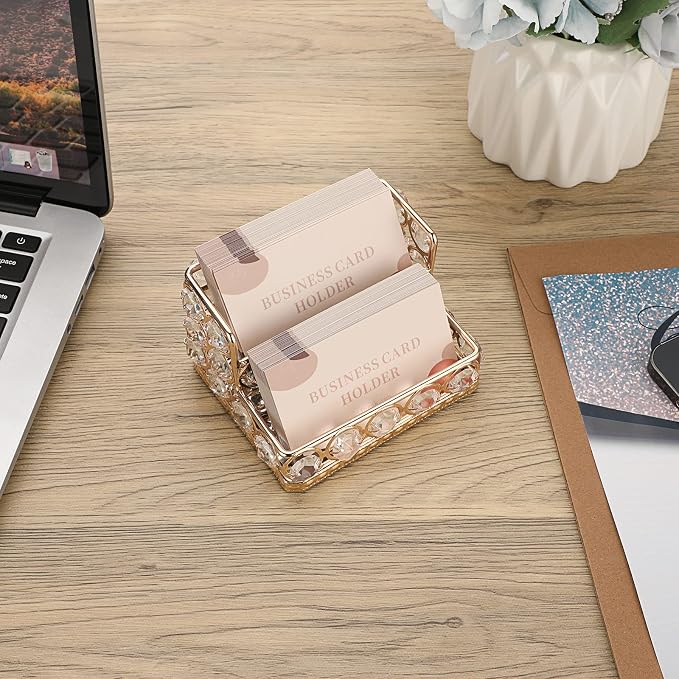 Hipiwe 2 Tiers Crystal Business Card Holder Gold Mirrored Cards Organizer | Business Cards Display Stand Desktop Name Card Storage Holder for Office Countertop