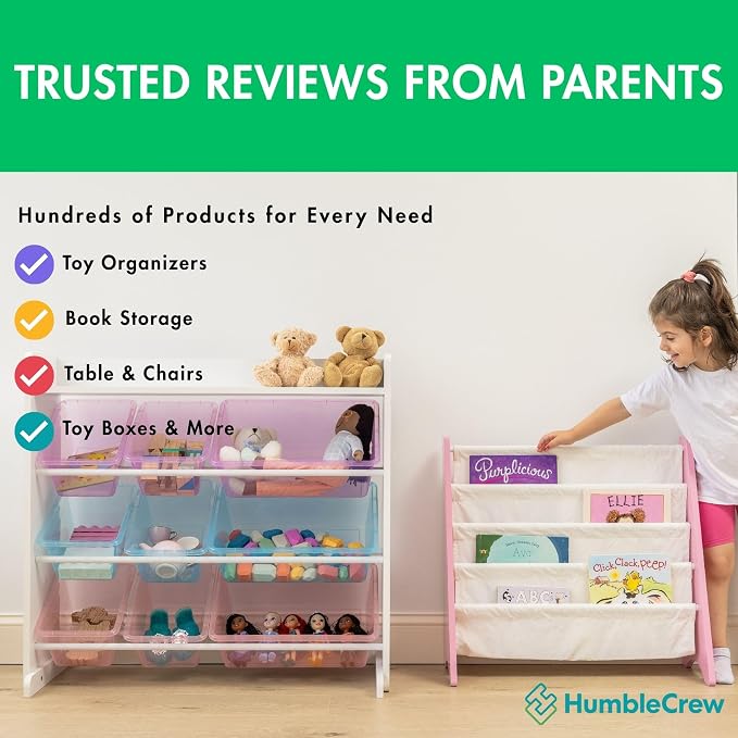 Humble Crew Kids Bookshelf, 4-Tier Front-Facing Book Display Organizer, Montessori Toddler Bookcase for Playroom, Bedroom & Reading Corner, Pink/White
