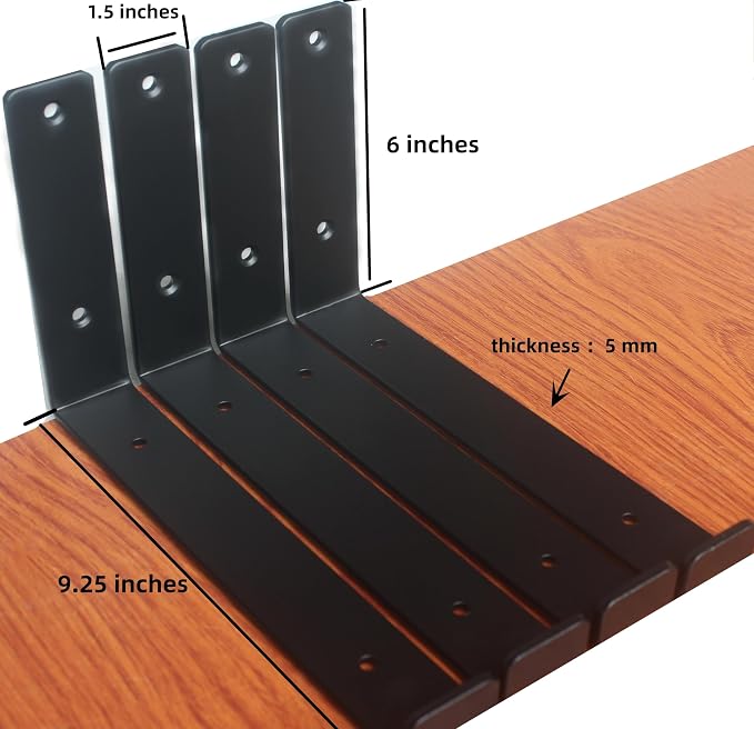 12 Pack - 9.25" L x 6" H x 1.5" W J Lip Shelf Brackets Rustic Farmhouse Iron Wall Floating Shelf Bracket Metal Shelf Bracket Industrial Shelf Supports with Screws Black