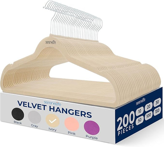SereneLife Velvet Hangers – 200 Pack, Slim & Space Saving for Closets | Soft velvet grip prevents slipping on silk, satin & knitwear – 360° swivel hook fits all standard closet rods
