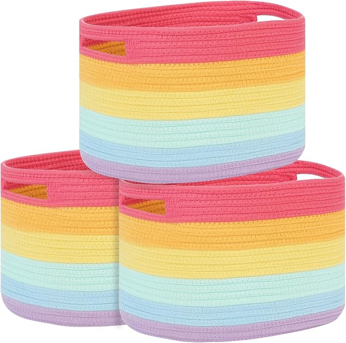 Temary Woven Baskets for Storage 3 Pack Storage Baskets for Organizing, Rectangle Decorative Rope Baskets for Storage Clothes, Towels, Storage Bins with Handles (Rainbow, 13"x9.8"x8.5")