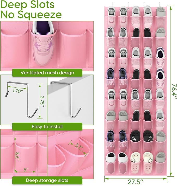 Over the Door Shoe Organizer with 40 Large Breathable Mesh Pockets, Space Saving Shoe Holder, Hanging Shoe Rack for Entryway Bedroom Closet Storage (Pink, 40 Pockets)