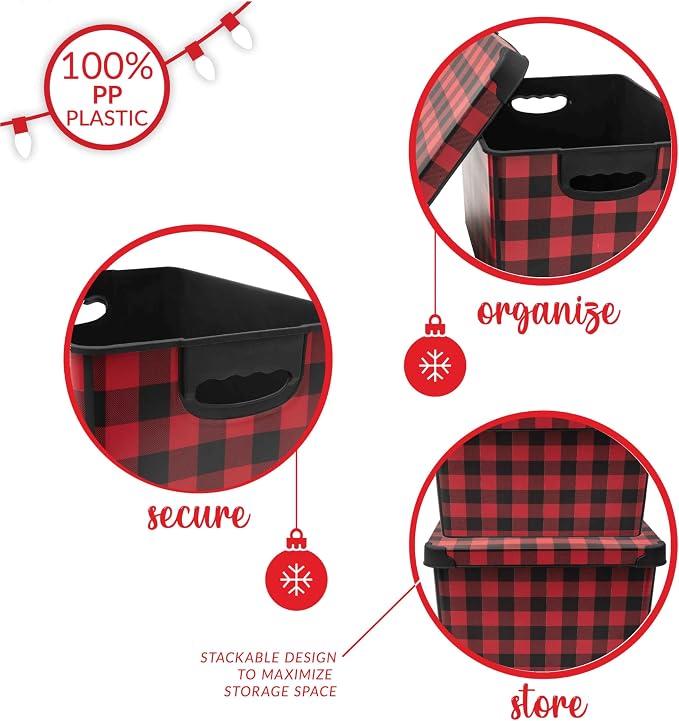 Simplify Checkered Design Storage Bin | Christmas Tote | Holiday Décor Decorations Organizer | Buffalo Plaid Design | Lidded | Stackable | Black and Red