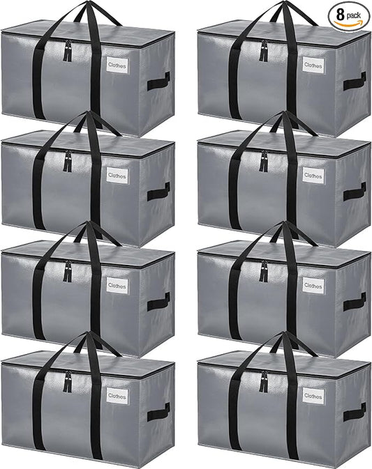 BAGAIL Heavy Duty Moving Bags with Strong Handle, Extra Large Moving Boxes, Storage Tote for Clothes, College Moving Supplies(Grey, 8 Pack)