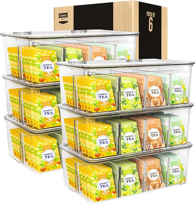 Utopia Home Tea Bag Organizer - Stackable Tea Bag Storage Organizer with Clear Top Lid- Tea bag holder For Counter tops, Kitchen Cabinets, Pantry, Sweeteners (Clear, Pack of 6)