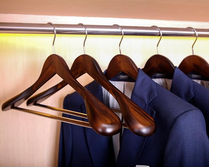 JS HANGER Wooden Suit Hangers - 6 Pack - Wood Coat Hangers,Jacket Outerwear Shirt Hangers,Glossy Finish with Extra-Wide Shoulder, 360 Degree Swivel Hooks & Anti-Slip Bar, Retro