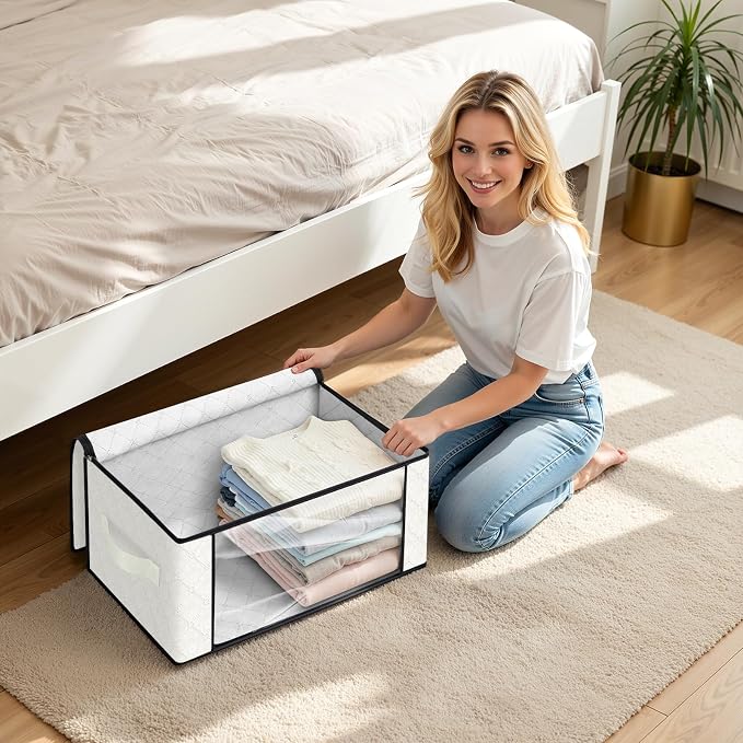 Fab totes 35L Closet Organizers and Storage, Foldable Under Bed Storage Containers, Storage bags for Organizing Bedroom, Closet, Clothing,Organization with Handle (10 Pack,Ivory)