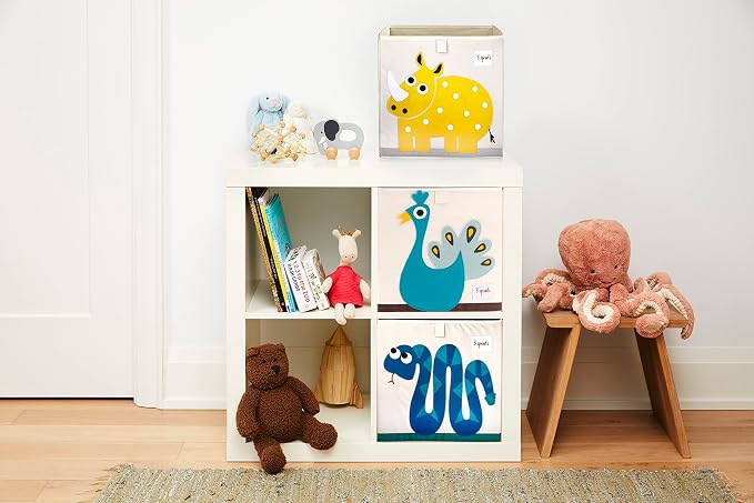 3 Sprouts Toy Storage Cube Bin, Foldable Storage Box, Rhino | Foldable organizer, Playroom or nursery toy storage, Cube shelf compatible, Toys books clothes storage, Folds flat