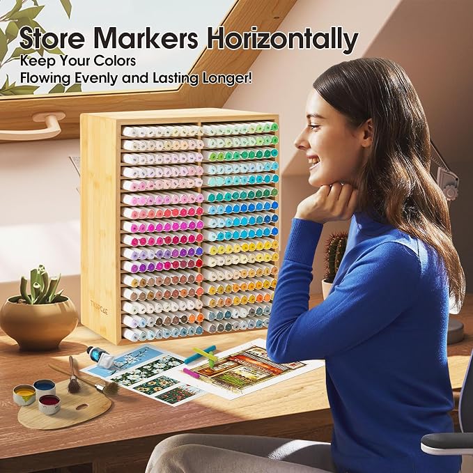 Marker Organizer for 288 Markers,Bamboo Wooden Desk Storage Organizer Rack,Markers Pens Pencils Art Brushes Storage Holder for Home Classroom Office Decor