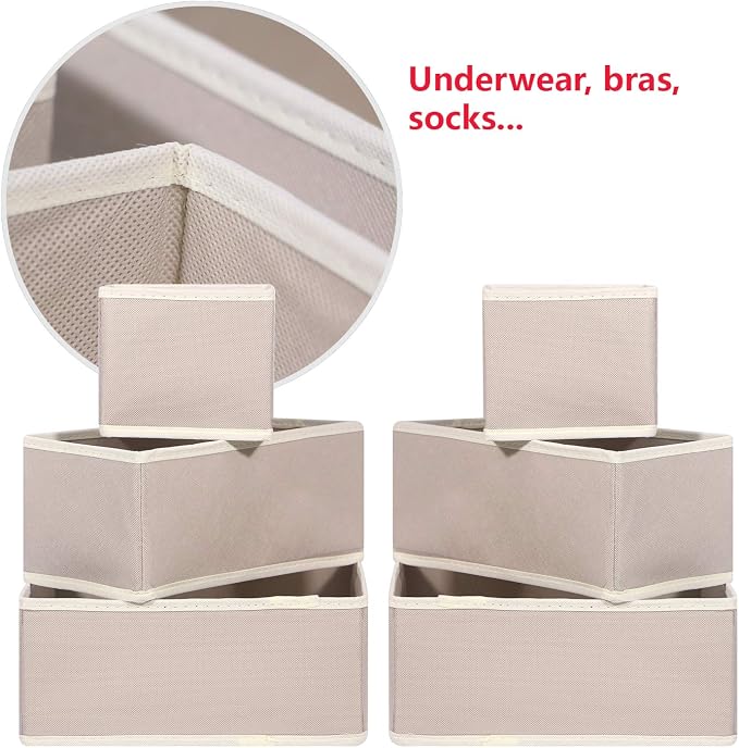 DIOMMELL 9 Pack Foldable Cloth Storage Box Closet Dresser Drawer Organizer Fabric Baskets Bins Containers Divider for Baby Clothes Underwear Bras Socks Lingerie Clothing,Beige 333