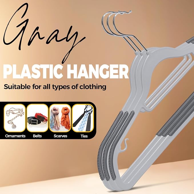 Quality Clothes Set 200 Pack - Non-Velvet Plastic for Clothes - Heavy Duty Coat Set - Space-Saving Closet with Gray Swivel Hooks - Functional Non-Flocked