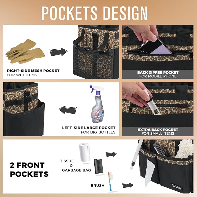 SCAVATA Compact Wearable Cleaning Caddy, Small Cleaning Supplies Organizer with Handle & Shoulder Straps for Housekeepers, under Sink & Car Cleaning Tool Organizers Bag (Leopard)