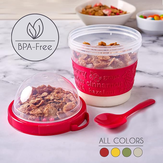 Crystalia 4 Pack 17 oz On The Go Yogurt Parfait Cups with Lids, Mini Breakfast On the Go Plastic Bowls with Topping Cereal Oatmeal Container with Spoon for Lunch, Portable & Reusable, Colorful Set