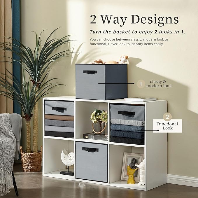 DECOMOMO Storage Bins, Cube Storage Bin with Window | 11" Cube, 6 Pack, Fabric Storage Cubes for Shelves (Grey)