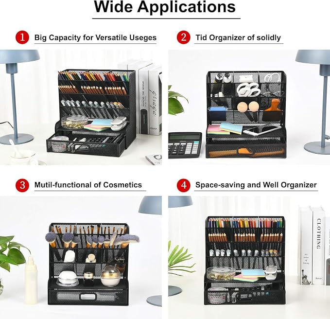 Marbrasse Mesh Pen Holder for Desk, Multi-Functional Pencil Organizer with Drawer, Desk Organizers and Accessories for Office Art Supplies (Large Black)