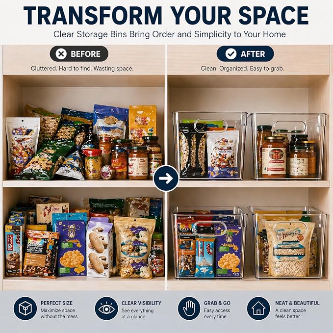 MOONEDGE Clear Plastic Storage Organizer Bins for Home Organization | Clear Bins for Organizing, Pantry Organizers and Storage, Kitchen, Fridge, Bathroom, Cabinet, Closet, Under-Sink, Laundry