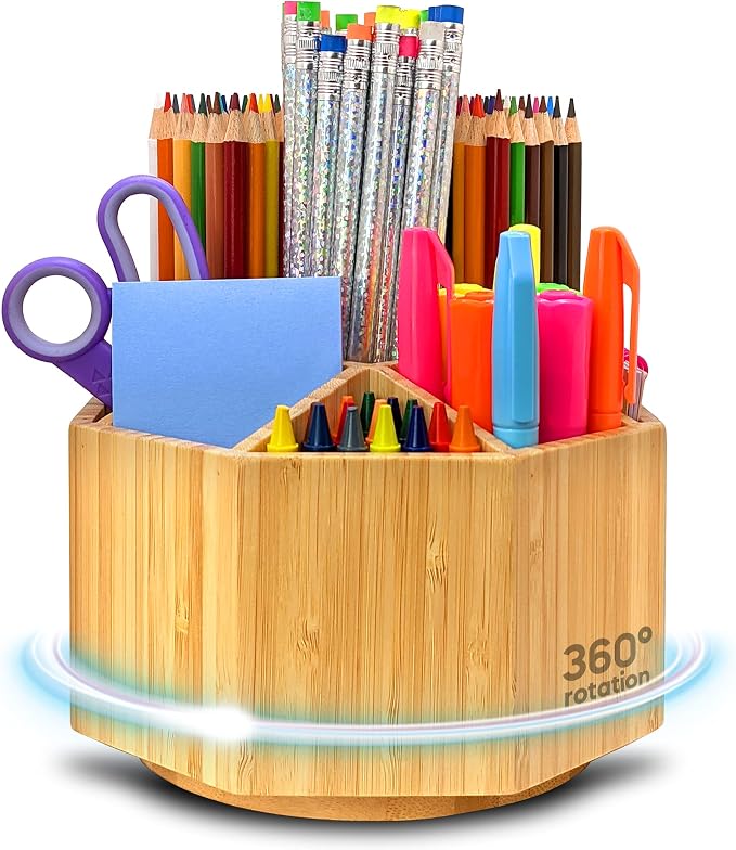 Bamboo Art Supply Organizer - Pencil & Pen Holder - Kids & Adults Desk Organizer - 8 Compartments