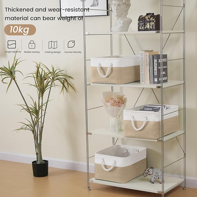 Large Storage Baskets- 15.7x11.8x8.26 inch Storage Bins for Shelves and Closet Organizing, Foldable Fabric Bin for Home Organization Clothes and Laundry (6-Pack, White&Khaki)