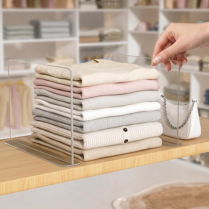 Purse Organizer for Closet Shelf Dividers: 6 Pack Acrylic Clear Vertical, T-Shaped Base, Fit Any Shelf Thickness, No Tools Needed 5-Second Install, Storage for Handbags, Clothes, Towels, 11.03"x8.07"