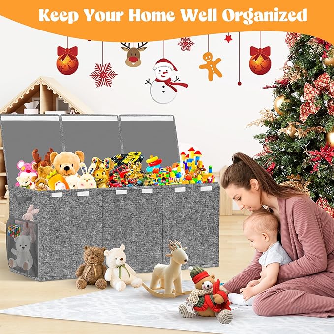 Beadsky Extra Large Toy Box, Toy Chest for Toddlers with Lids, Collapsible Toy Storage Organizer, Kids Bin Boxes Storage Basket for Boys, Girls, Nursery, Living Room, Playroom, 38"x14"x16", Gray