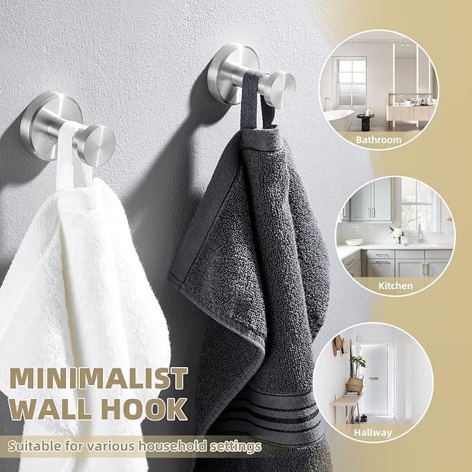 APLusee Brushed Nickel Bathroom Towel Hooks, 304 Stainless Steel Coat Hook 2 Pack, Heavy Duty Towel Hanger for Bathroom, Wall Mounted
