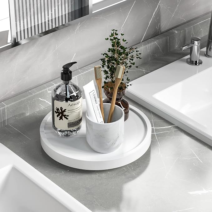 Turntable Vanity Tray 9 Inch for Perfume Candle, Bamboo Kitchen Sink Countertop Organizer for Keep Glass, Sponge and Soap Bathroom Countertop Organizer White