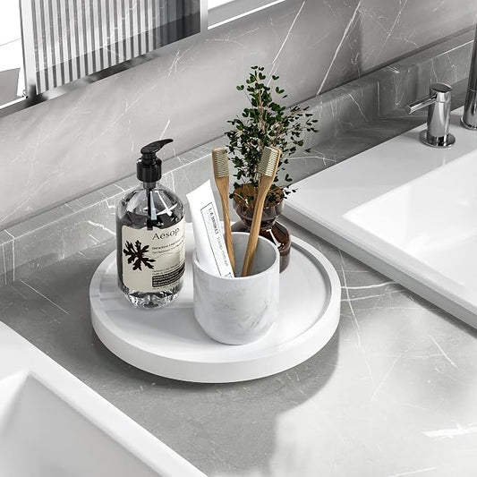 Turntable Vanity Tray 9 Inch for Perfume Candle, Bamboo Kitchen Sink Countertop Organizer for Keep Glass, Sponge and Soap Bathroom Countertop Organizer White