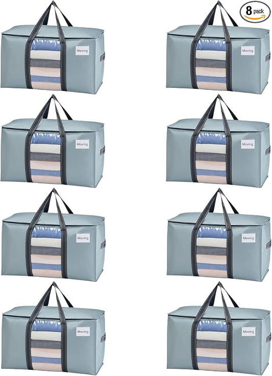 VENO 8 Pack Moving Bags with Clear Window, Heavy Duty Storage Bins with Lid, Around Handles, Tag, Zippers, Extra Large Totes Packing Moving Boxes Supplies for College Dorm Clothes (Light Blue)