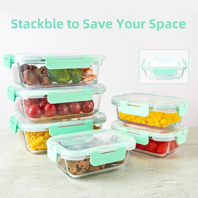16Pack Glass Meal Prep Containers 8 Bowls with 8 Airtight Mint Lids 2 Sizes | Borosilicate glass food storage set for lunch, leftovers & portion control — microwave/freezer/dishwasher safe, leak-proof