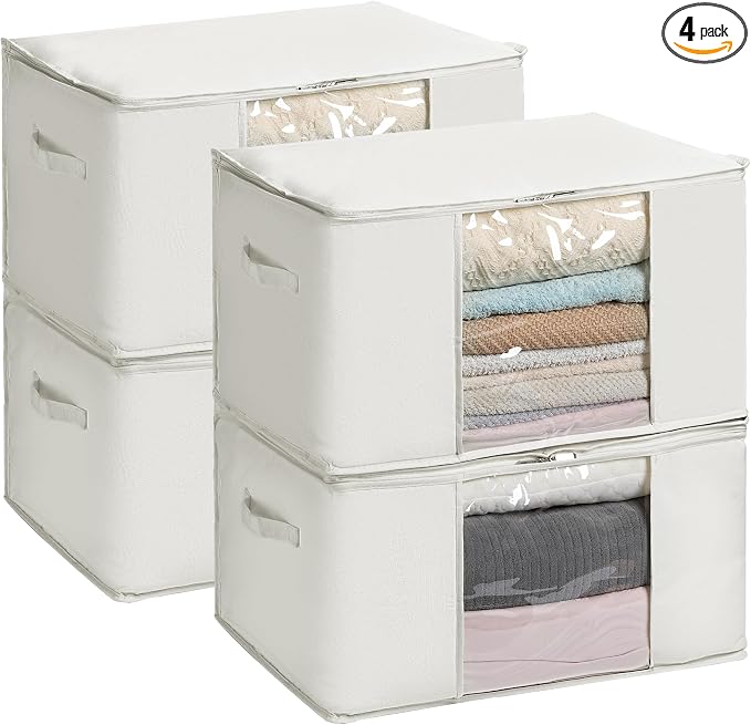 TYEERS Large Storage Bags with Zipper and Clear Window, Cotton Blended Fabric Storage Containers for Seasonal Clothes and Bedding, 23.6x15.7x13.8 Inches, 4-Pack, Beige