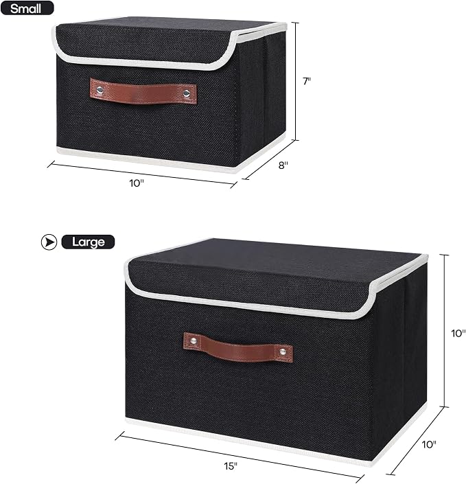 ANMINY Storage Bin with Lid Storage Boxes with PU Leather Handles PP Plastic Board Decorative Foldable Lidded Cotton Linen Fabric Home Cubes Baskets Closet Organizer Container - Black, Large Size