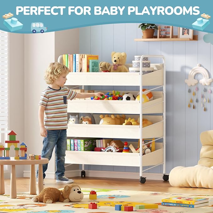 Kids Toy Storage Organizer with 4 Shelves and Wheels,White-Supersized Toy Storage Shelf for Toddlers Ideal for Kids' Rooms,and Nurseries,Toddler Furniture for Boys and Girls Ages